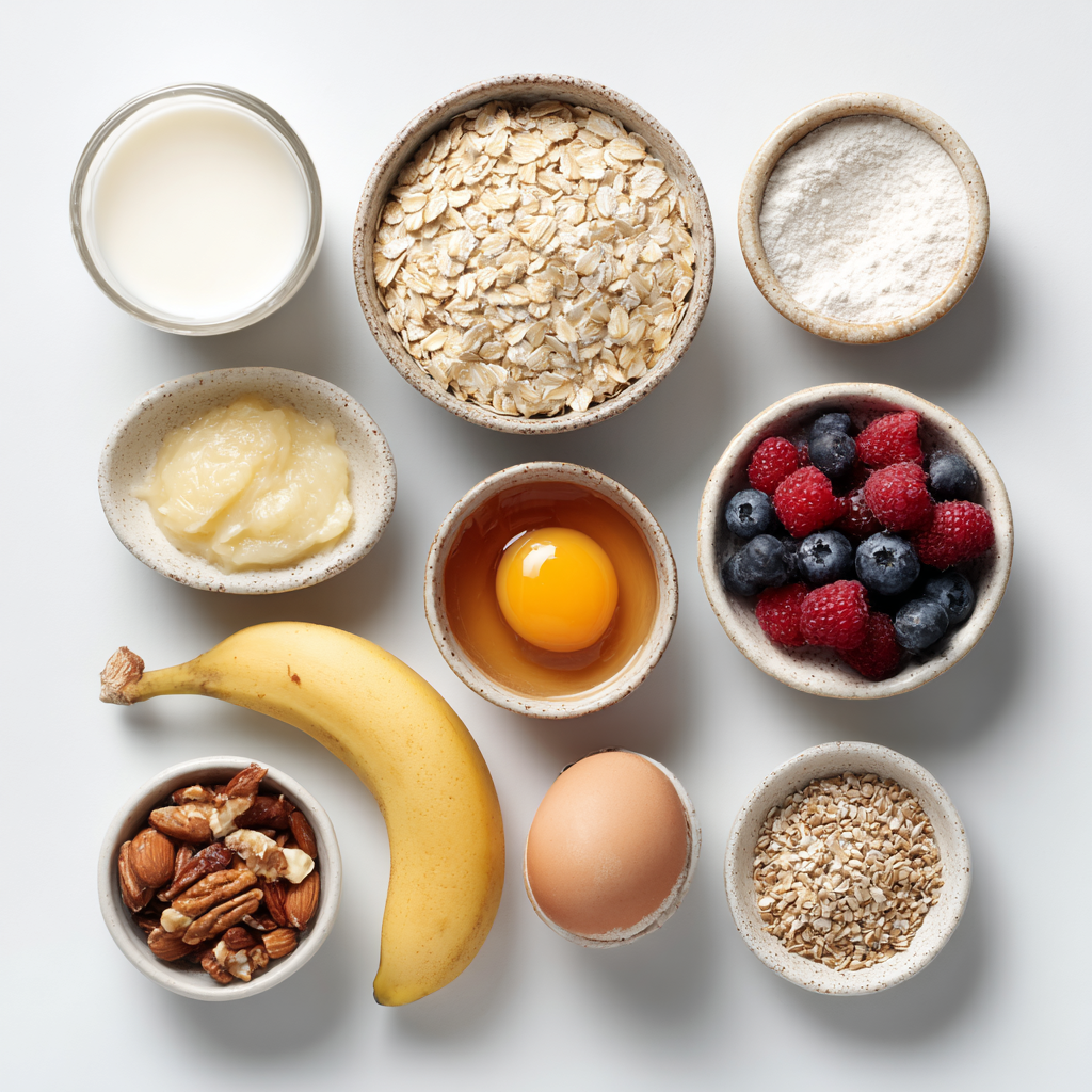 Overnight Oats Pancake Cups, Irresistible! 4 Ingredients for overnight oats inspired pancake cup including oats, milk, banana, egg, baking powder, salt, and toppings.