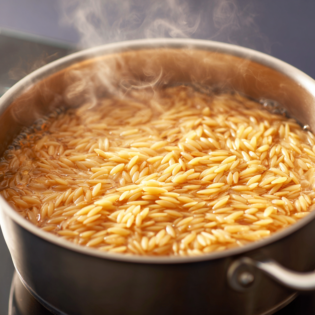 Creamy Protein-Boosted Orzo in 30 Minutes! 5 Orzo pasta cooking in liquid according to package directions.