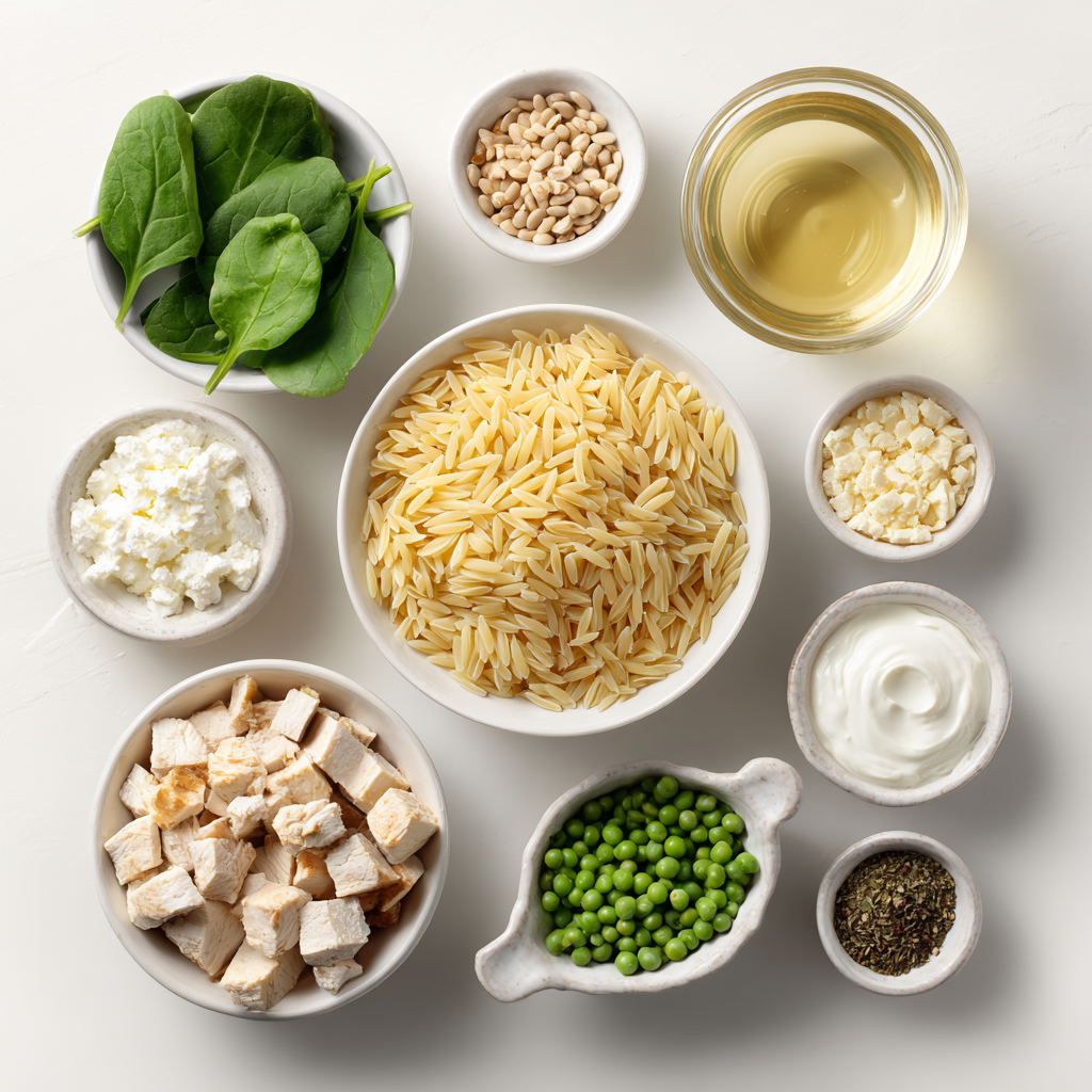 Creamy Protein-Boosted Orzo in 30 Minutes! 4 Ingredients for protein-boosted creamy orzo including orzo pasta, broth, protein, dairy, vegetables, and seasonings.