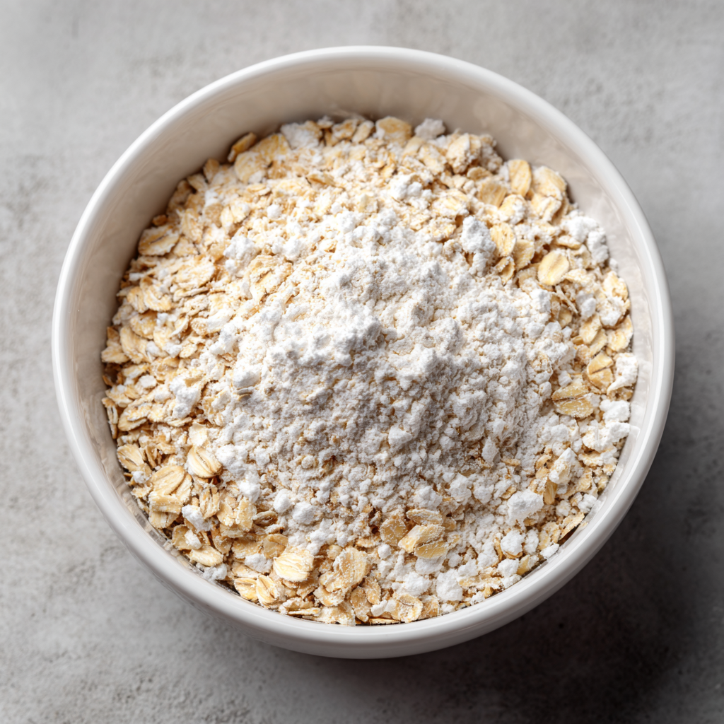 Dry ingredients combined in a bowl for protein pancake batter.