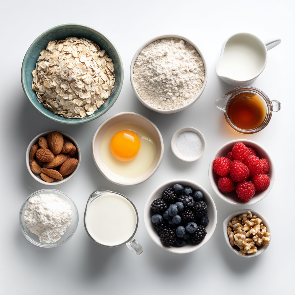 Ingredients for protein-packed baked pancake bowl including oats, protein powder, egg, milk, maple syrup, and toppings.