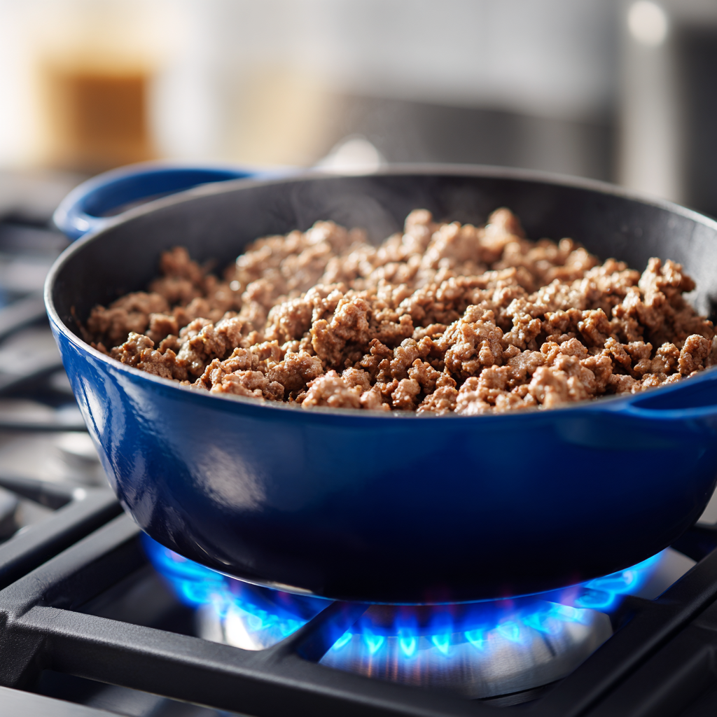 Protein-Rich Lasagna Soup You’ll Love! 5 Ground beef browning in a pot over visible stove flame for lasagna soup.