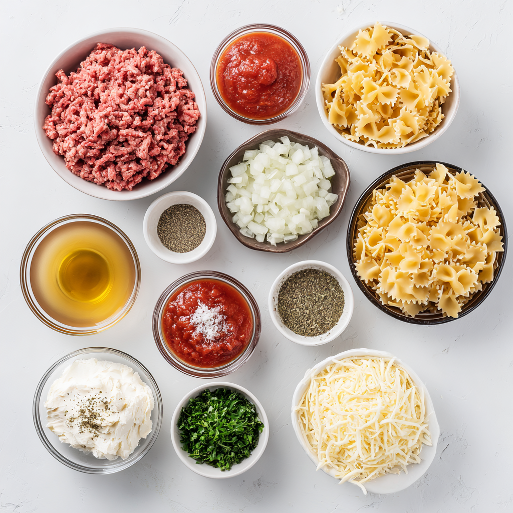 Protein-Rich Lasagna Soup You’ll Love! 4 Ingredients for protein-rich lasagna soup including ground beef, tomatoes, broth, noodles, cheeses, and herbs.