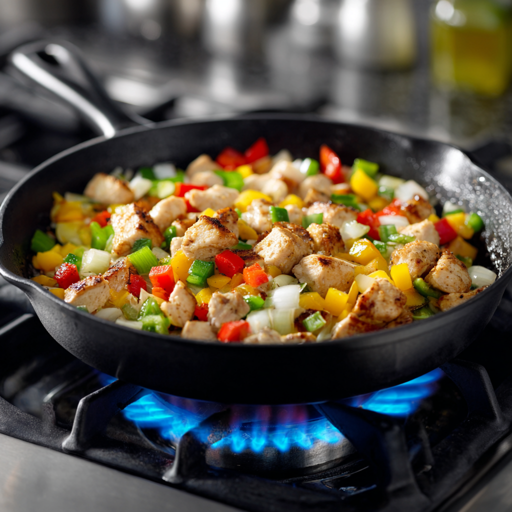 Chicken, onion, and bell pepper browning together in a skillet over visible stove flame.