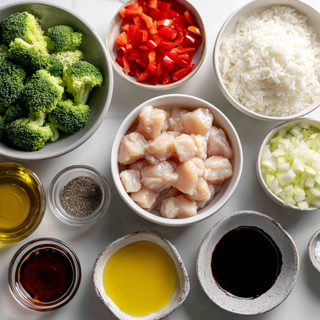 Ingredients for quick chicken veggie rice bowls including chicken, vegetables, rice, soy sauce, and honey.