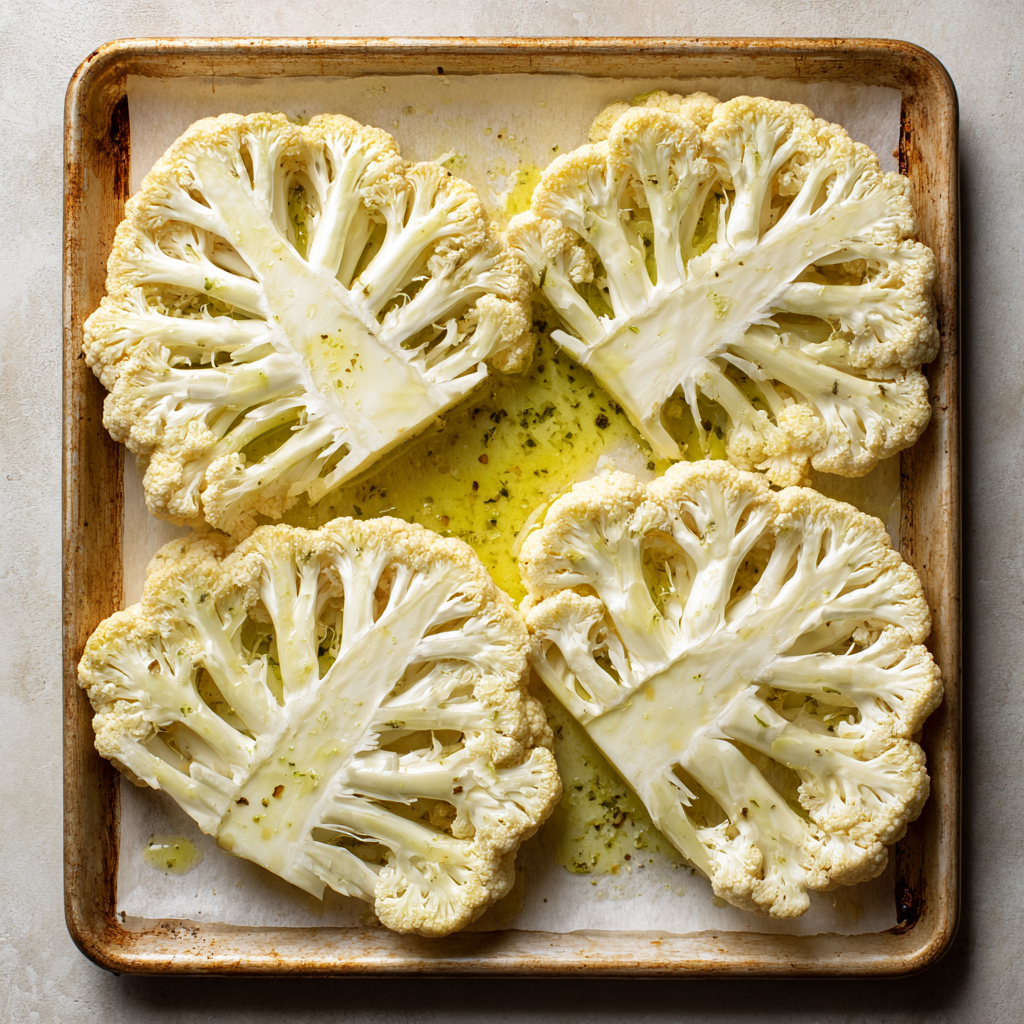 Amazing 4-Ingredient Garlic Parmesan Cauliflower Steaks 5 Cauliflower steaks brushed with garlic oil on both sides before roasting.