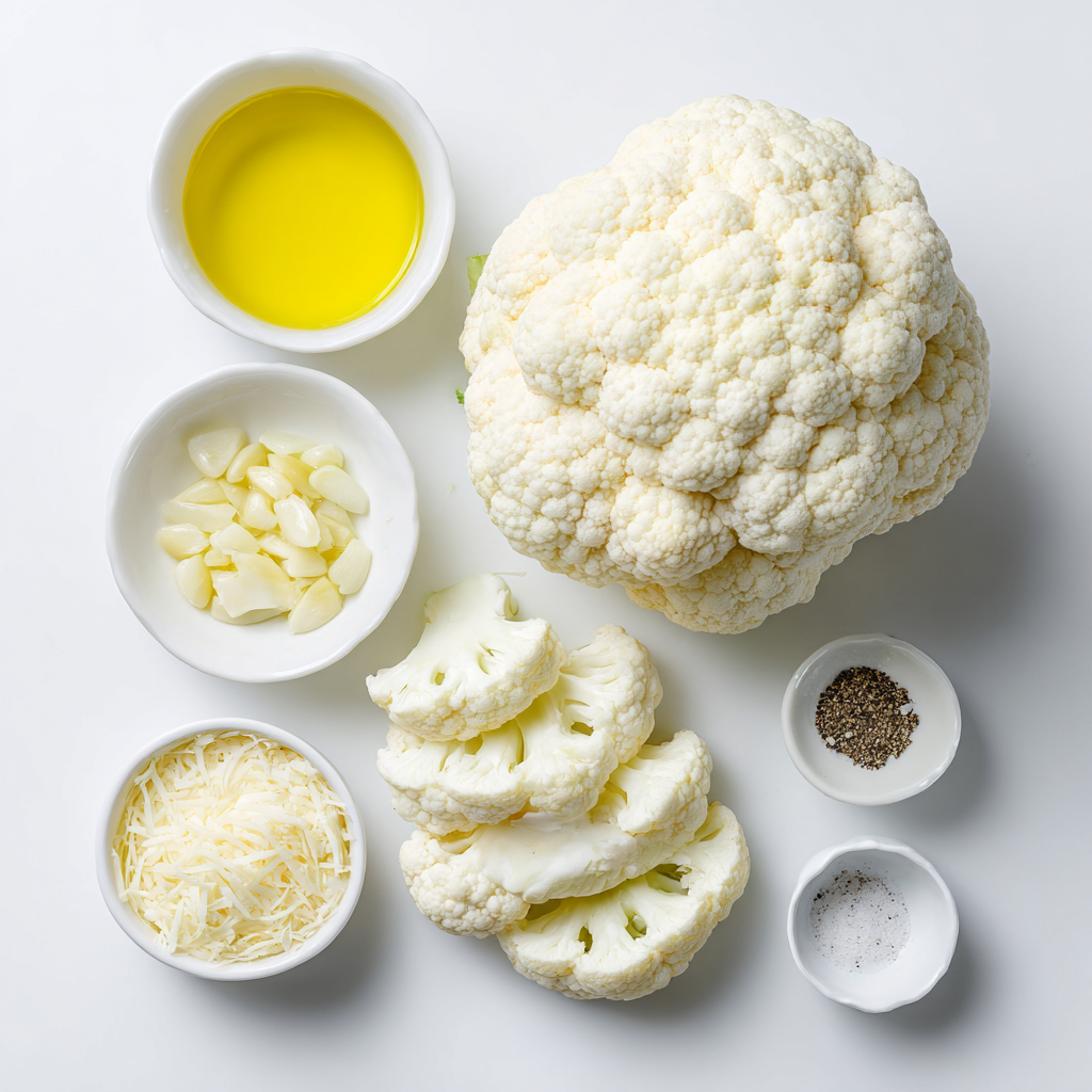 Amazing 4-Ingredient Garlic Parmesan Cauliflower Steaks 4 Ingredients for roasted garlic parmesan cauliflower steaks including cauliflower, olive oil, garlic, Parmesan, salt, and pepper.