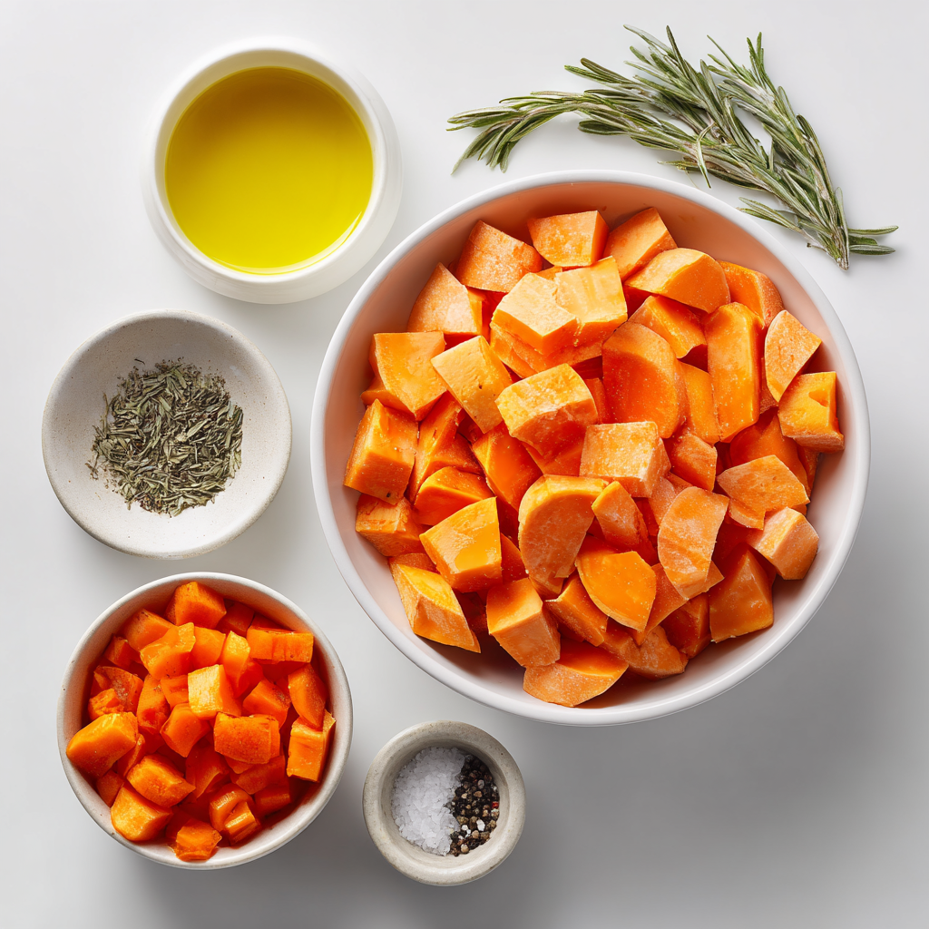 Sweet Potato & Carrot Oven Roast in 2 Easy Steps! 4 Ingredients for sweet potato carrot oven roast including sweet potatoes, carrots, olive oil, rosemary, salt, and pepper.