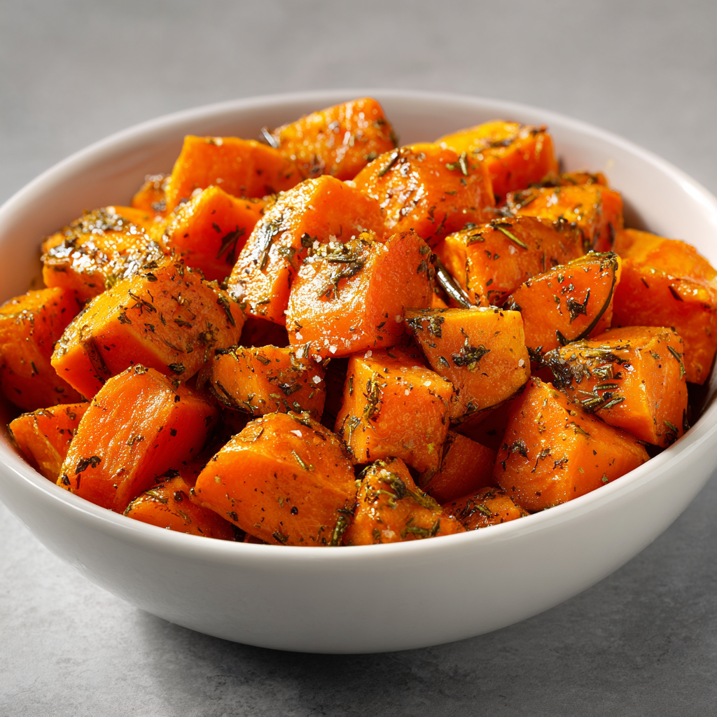 Sweet Potato & Carrot Oven Roast in 2 Easy Steps! 5 Sweet potatoes and carrots tossed with olive oil and rosemary before roasting.