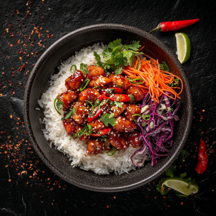 Sticky chicken rice bowl high-protein meal