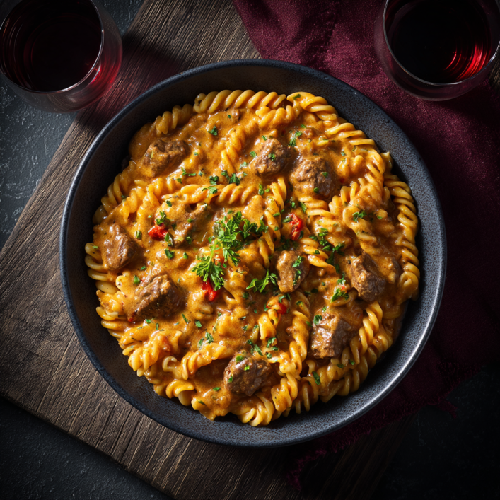 Creamy beef pasta high-protein dinner
