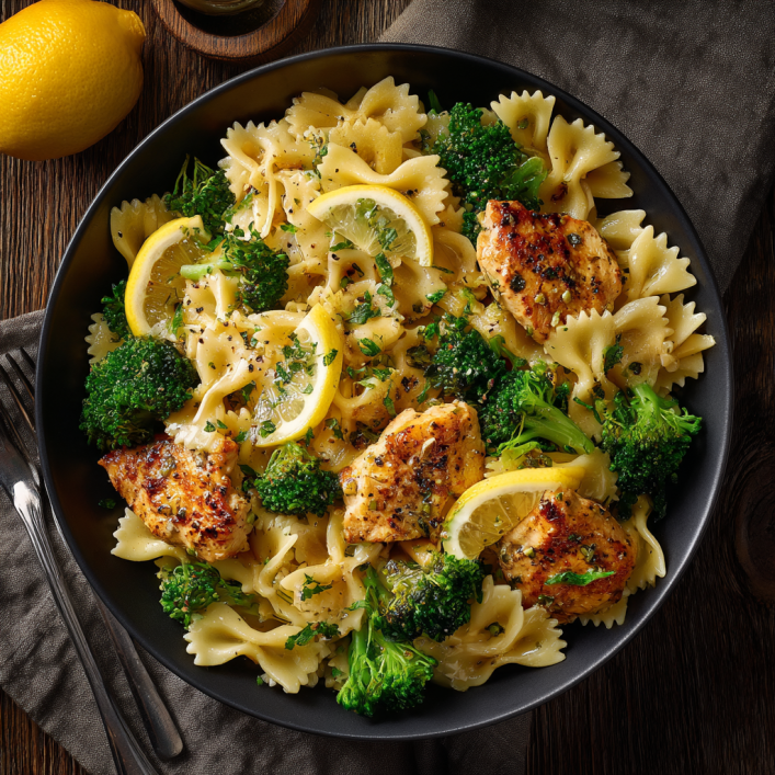 Lemon butter chicken bowtie pasta dinner