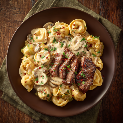 Garlic steak tortellini high-protein pasta